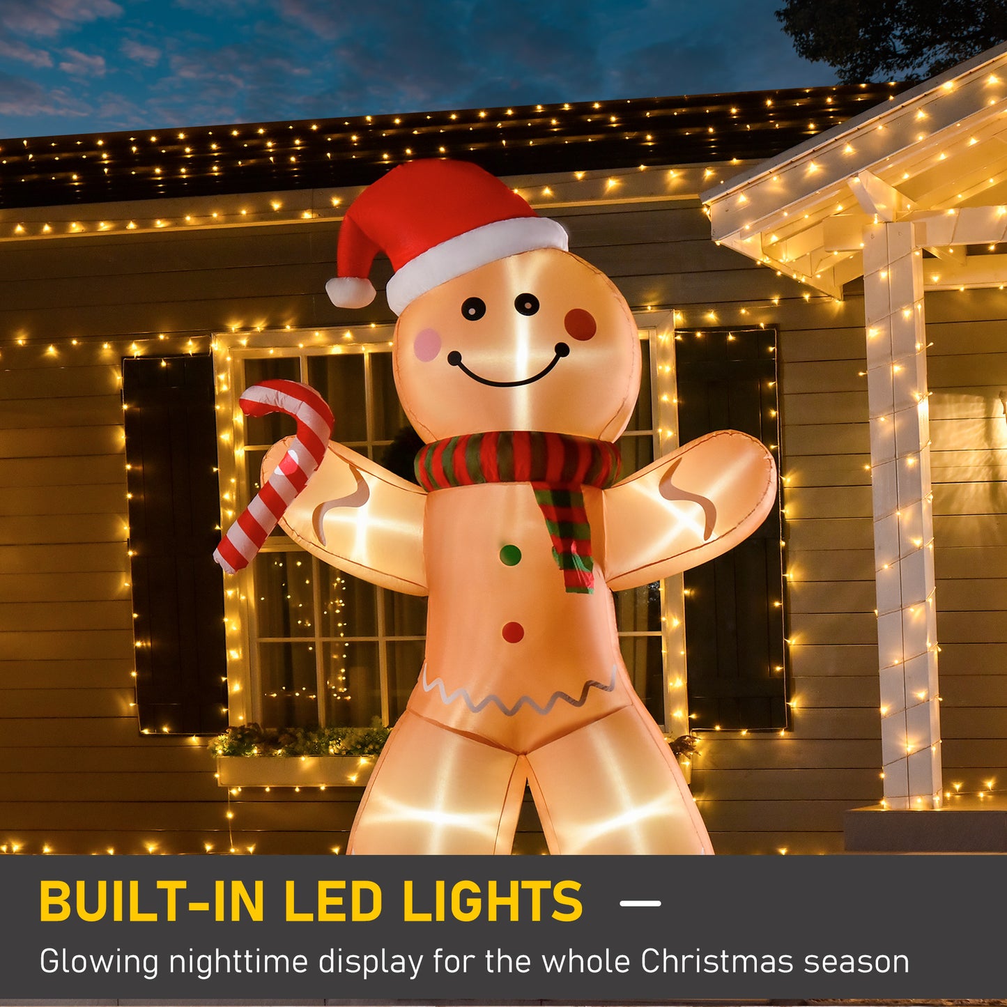 8ft Inflatable Gingerbread Man with Candy Cane - LED Lights