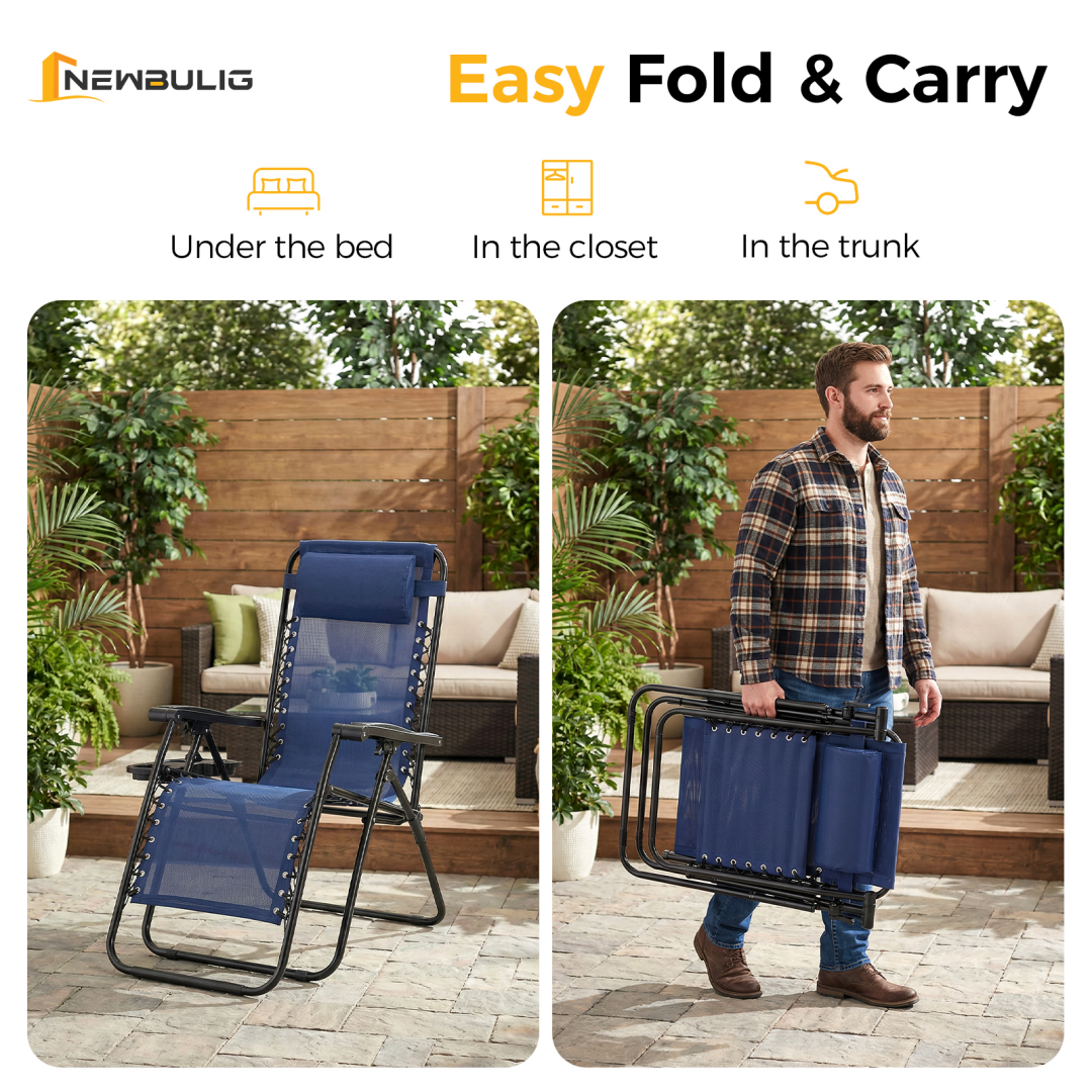 Set of 2 Folding Recliner Lounge Chairs with Pillow & Cup Holder