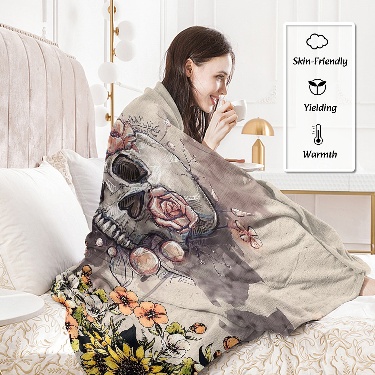 Rustic Skull Sunflower Flannel Fleece Throw Blanket - Multicolor