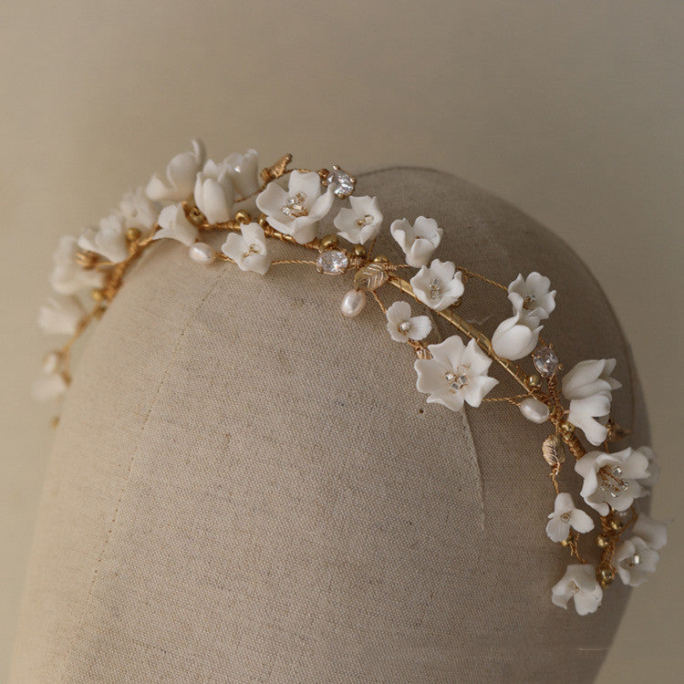 Ceramic Cherry Blossom Pearl Hair Hoop - Bridal Hair Accessory