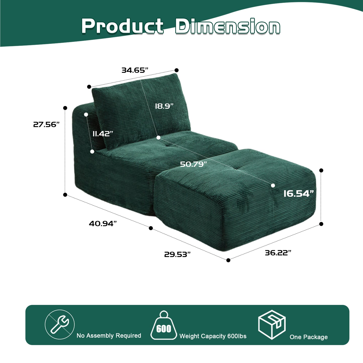 Modern Memory Foam Chaise Longue Sofa - Pet-Friendly Green