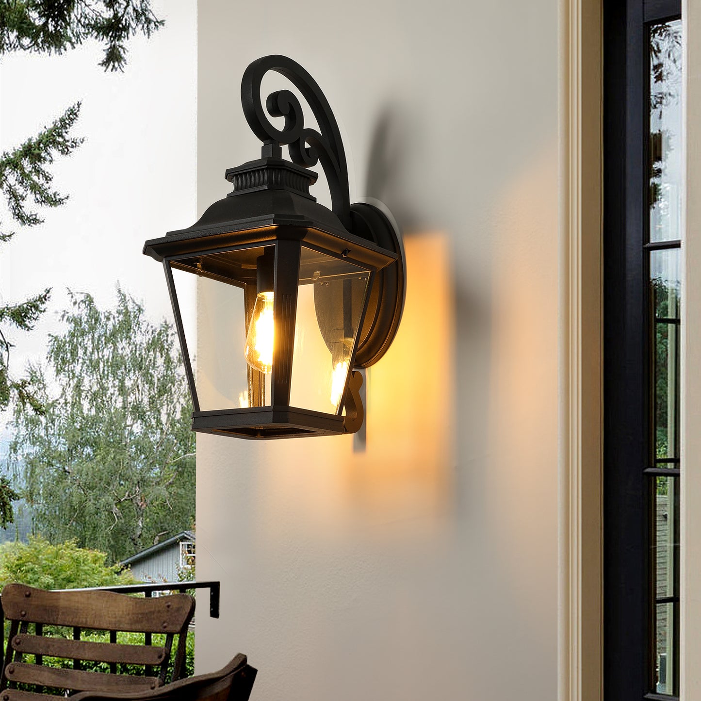 Outdoor Wall Lantern Light - Vintage Black Metal & Clear Glass Sconce