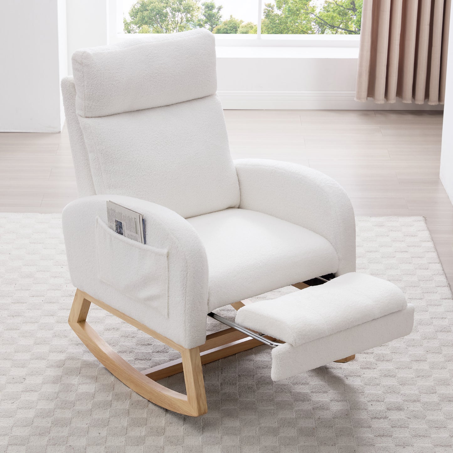 Teddy Fabric Rocking Chair with Adjustable Footstool - White