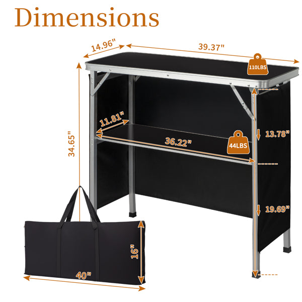 Portable Folding Bar Table with Shelf and Black Skirt - Indoor Outdoor Event Stand
