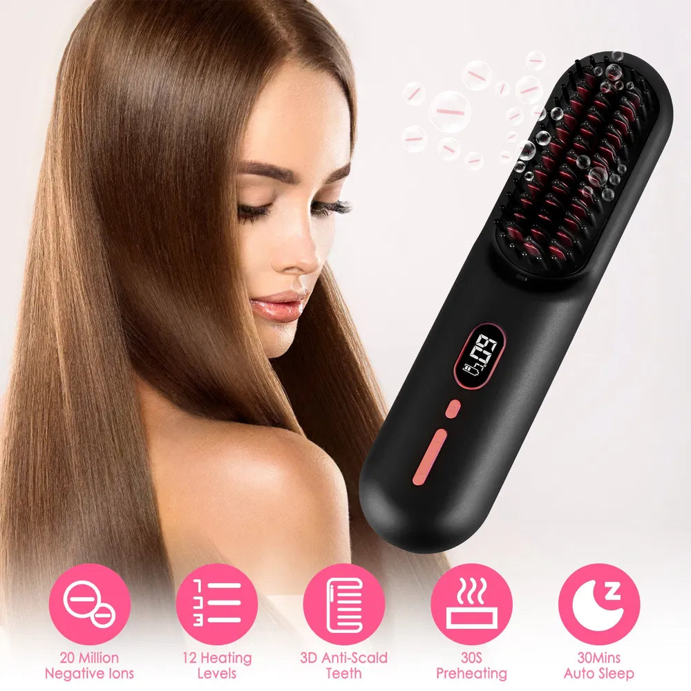 Cordless Negative Ion Hair Straightener Brush - Portable Rechargeable Comb
