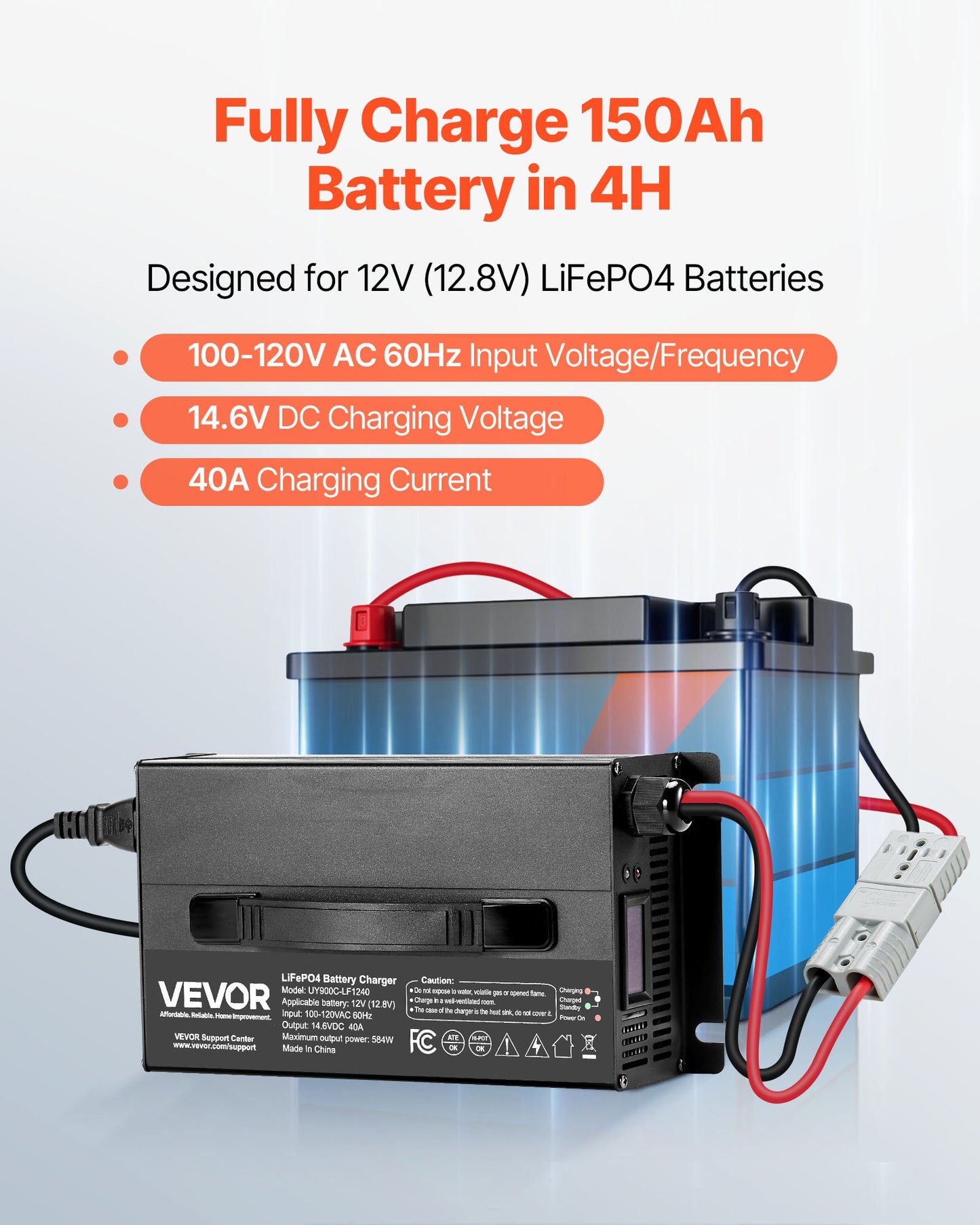 12V 40A Lithium Battery Charger for RV, LiFePO4 Battery, 14.6V Smart Charger