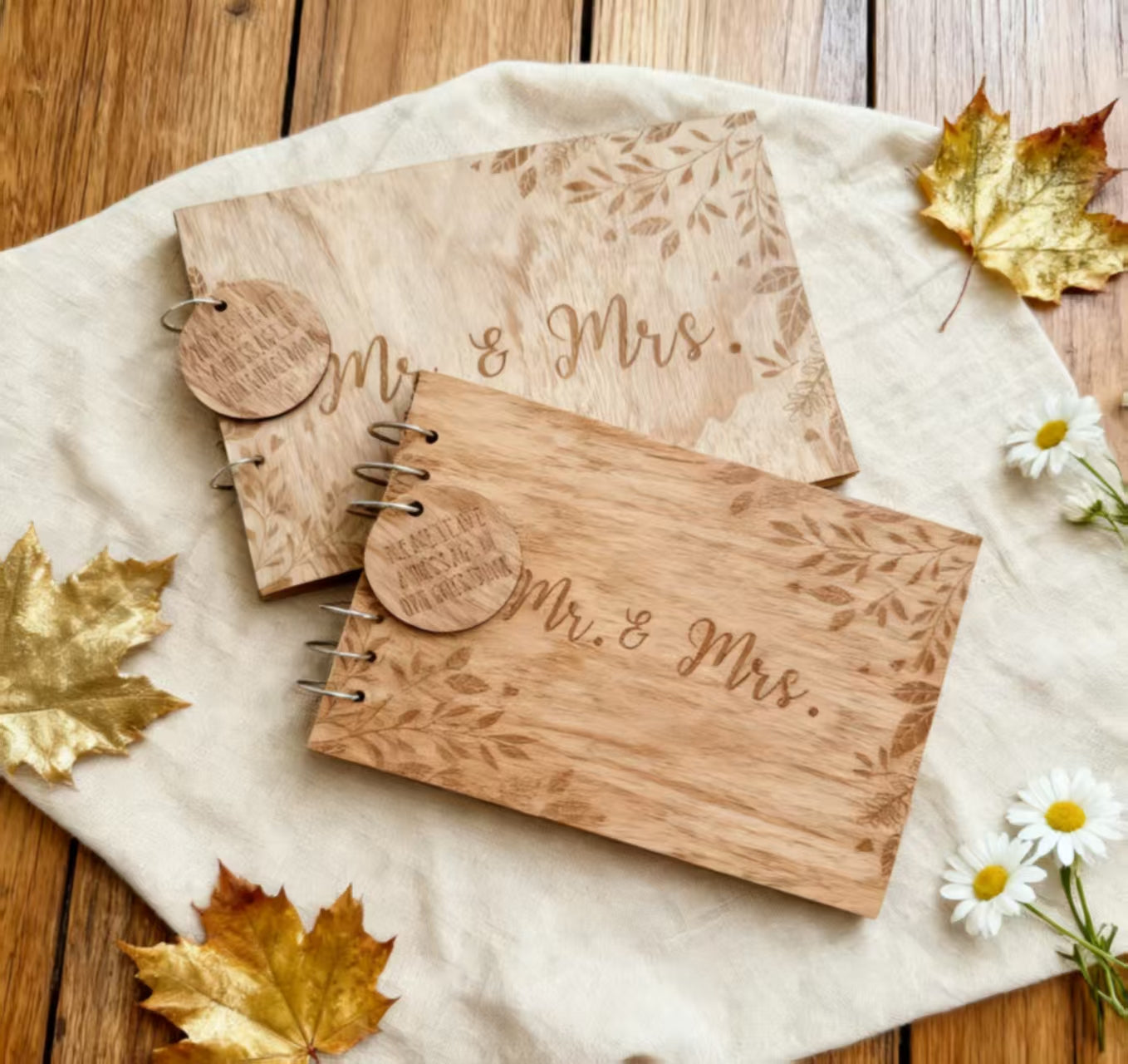 Wooden Wedding Guest Book with Engraved Mr. & Mrs., Customizable Rustic Photo Album for Bridal Shower & Reception