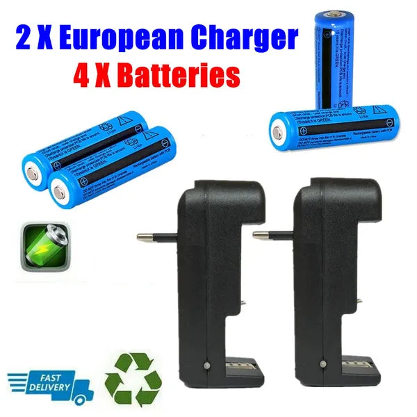 Rechargeable 3000mAh 3.7V Li-Ion Batteries with European Charger for Flashlights & Devices — Pack of 2 or 4