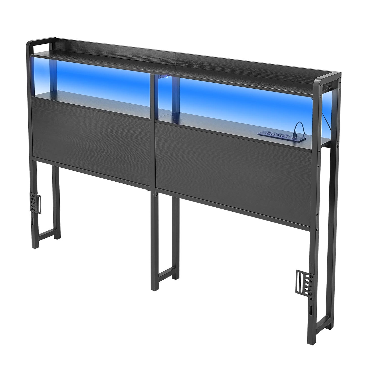 Queen Size Bed Headboard with LED Light & Charging Station, Storage Shelves, Adjustable Height, Black