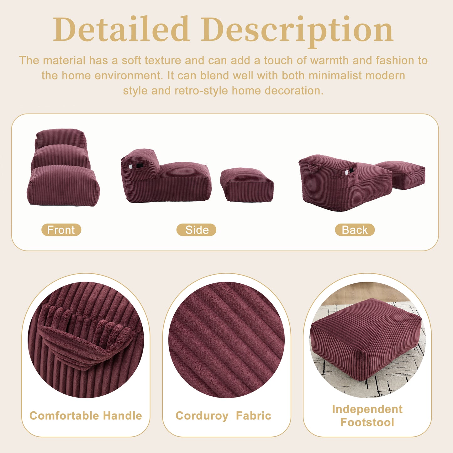 Big Bean Bag Chair for Adults - Comfy Memory Foam Lounger with Ottoman - Wine Red