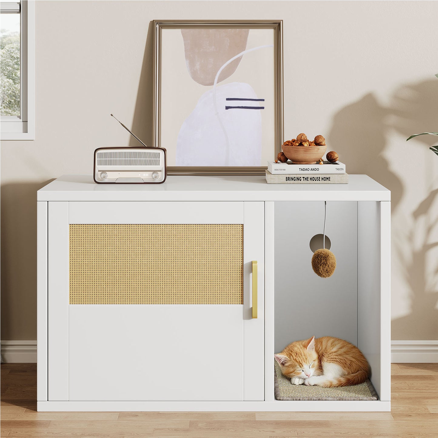 Multifunctional Cat Litter Box Cabinet with Odor Control & Side Table - White