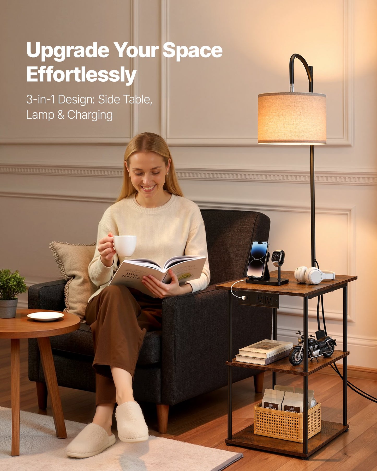 Narrow Floor Lamp with Table and USB Charging, 3 Color Temp End Table Nightstand