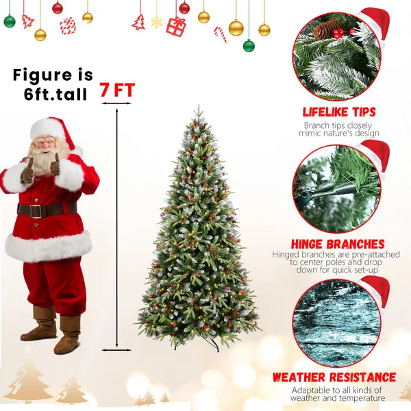 7ft Green LED Christmas Tree with Red Fruit & Pine Cones