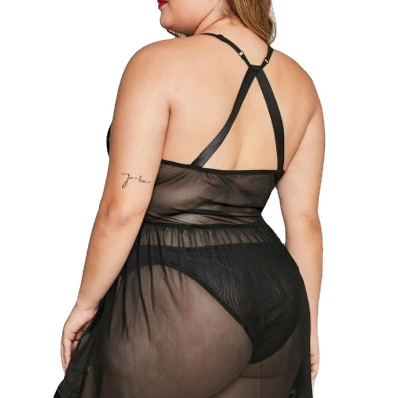 Plus Size Lace Nightdress with Suspender Skirt - Black, Satin Polyester