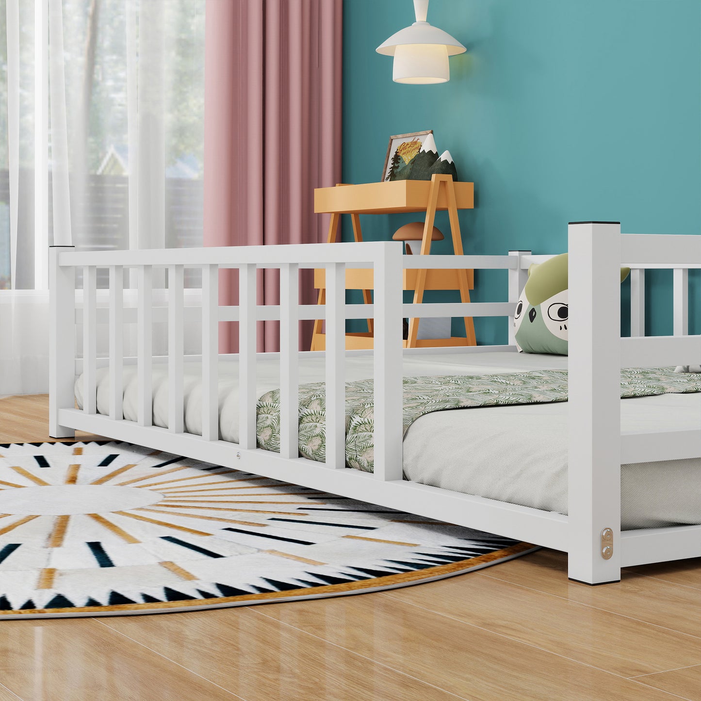 Full Size Low Profile Metal Bed Frame with Guardrails - White