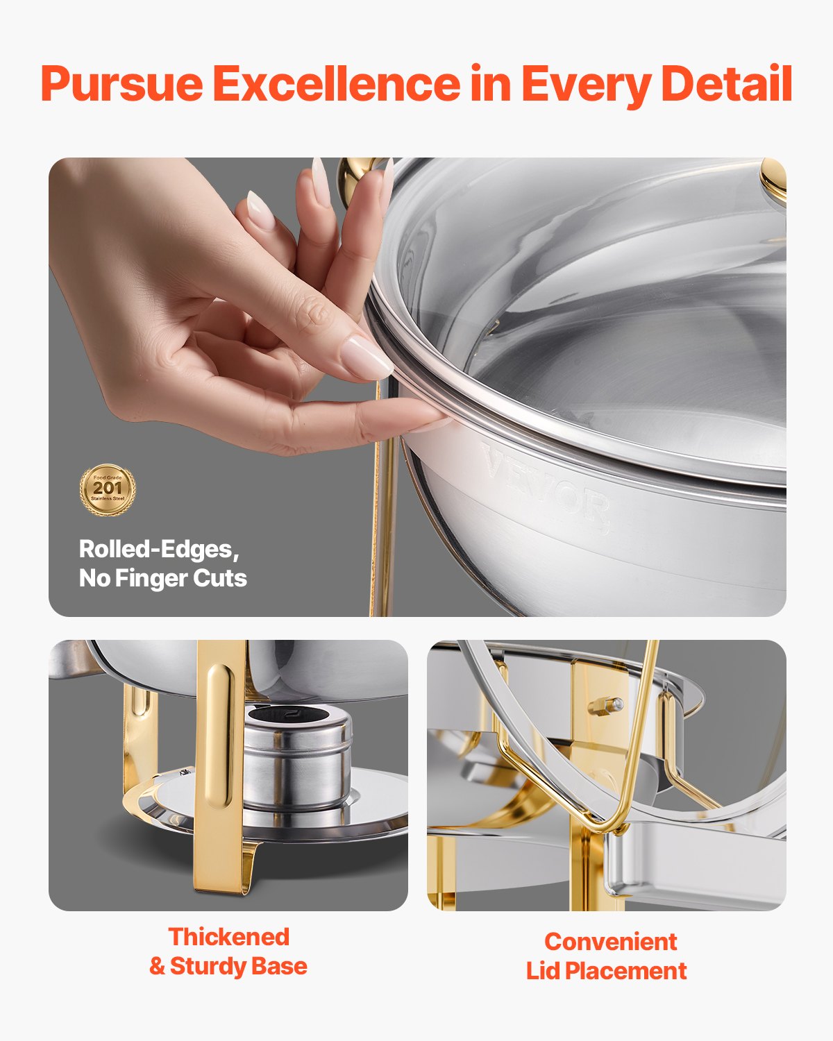 5 Qt Round Chafing Dish Buffet Set - Gold Stainless Steel