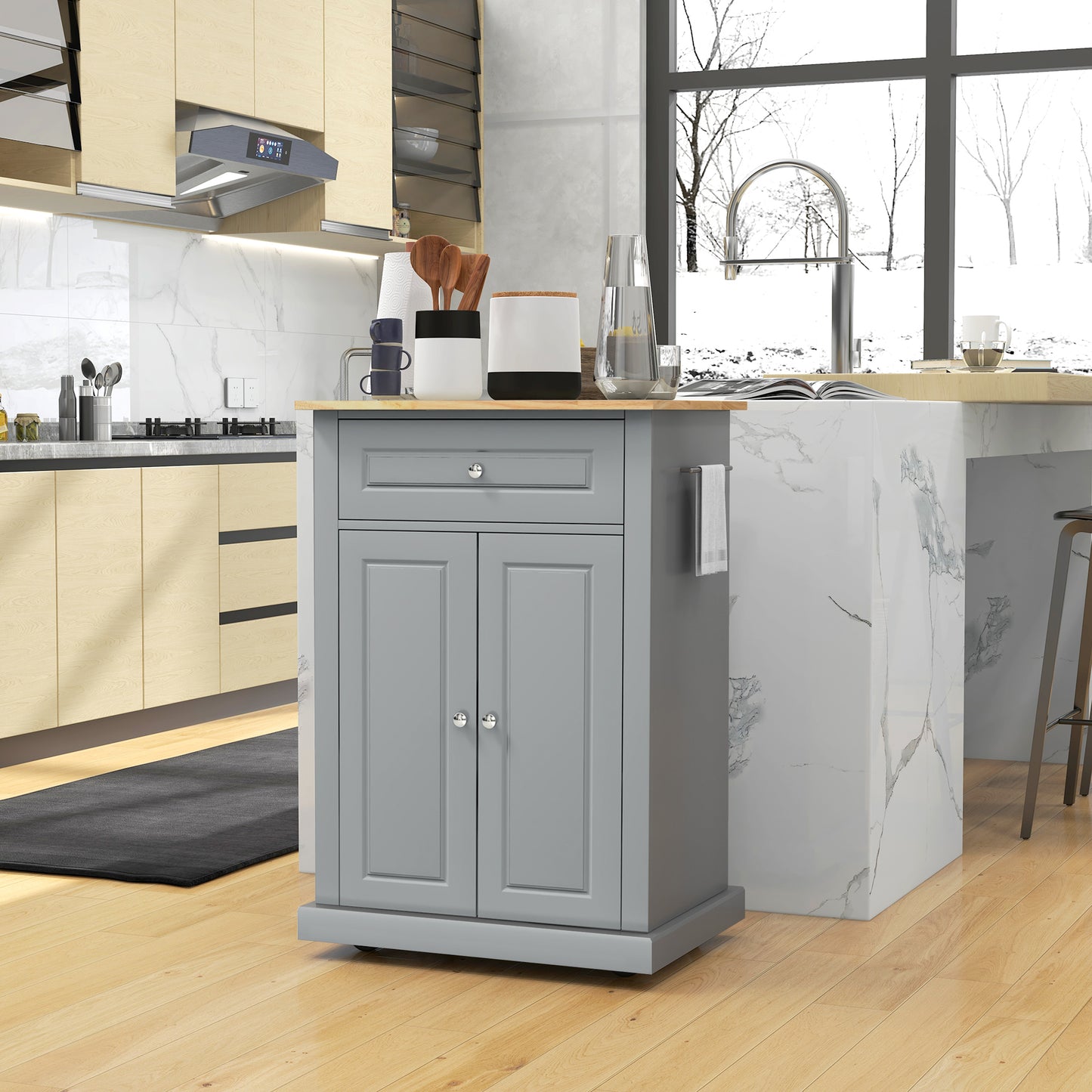 Portable Kitchen Island Cart with Drawer & Adjustable Shelf - Grey