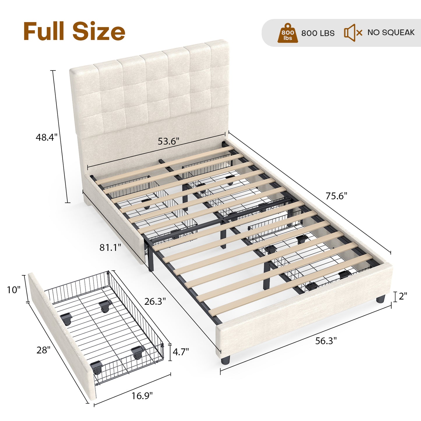 Bed Frame Upholstered Vertical Channel Headboard With 4 Storage