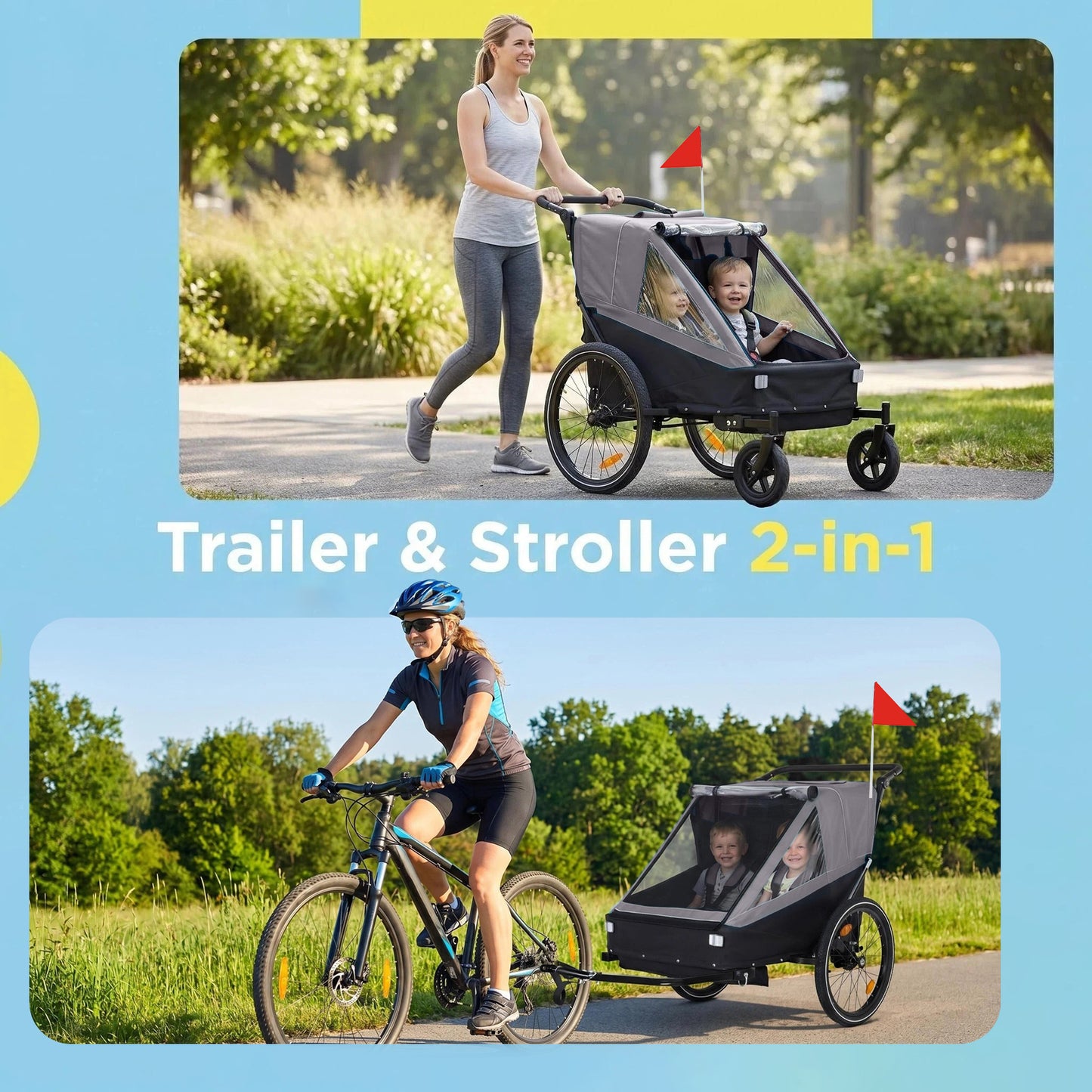 2 In 1 Kids Bike Trailer And Stroller For To Children, Jogging