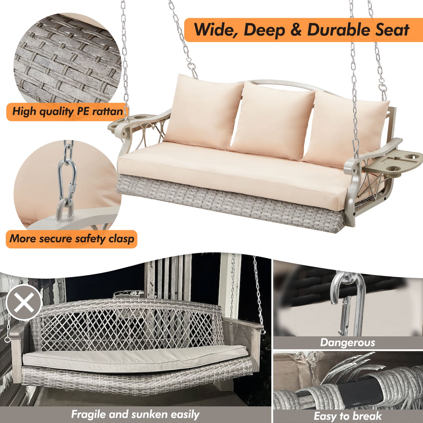 Outdoor Porch Swing Basket with Cushions and Side Table