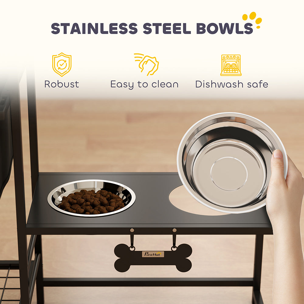 Height Adjustable Dog Bowl Stand with 4 Stainless Steel Bowls and Toy Storage