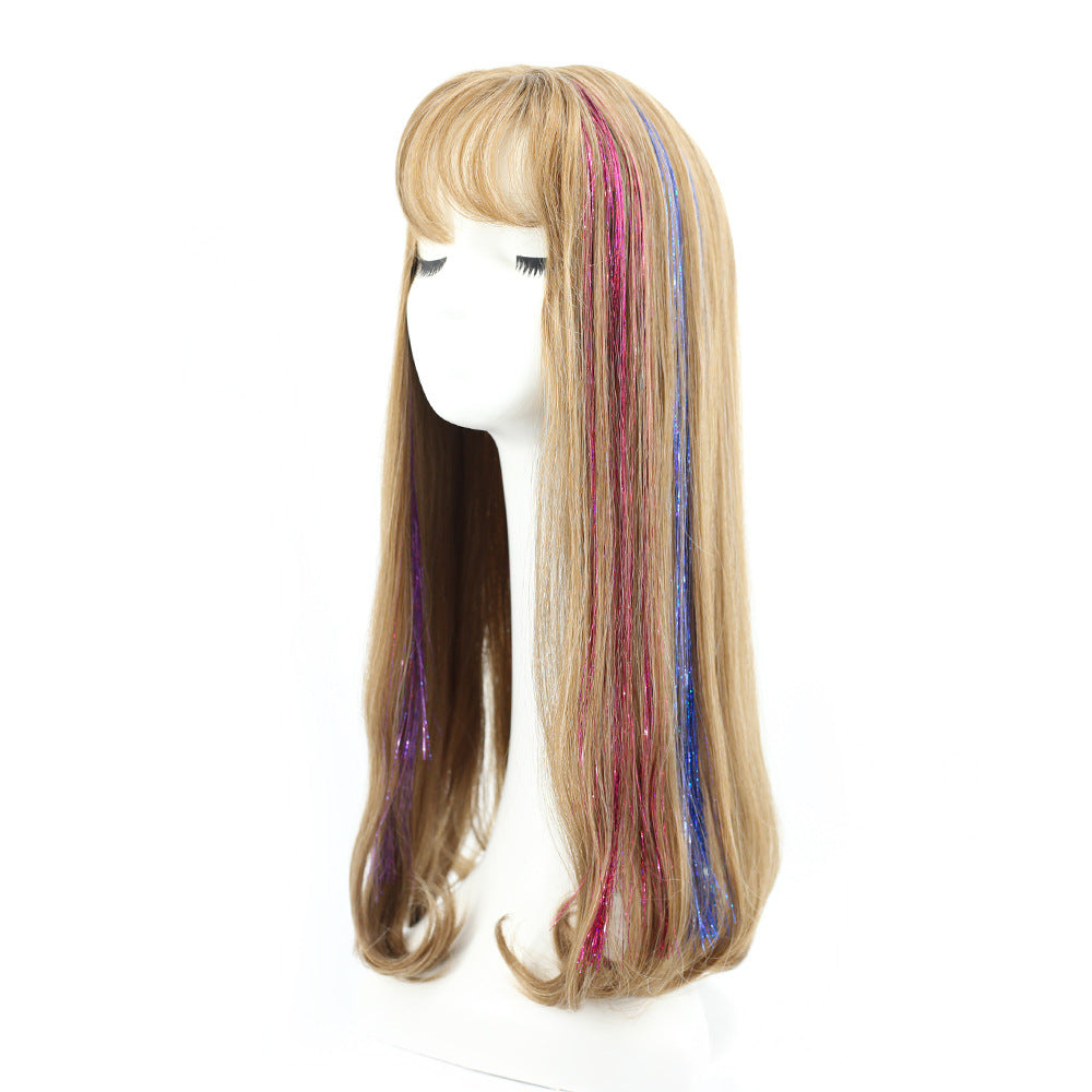 Clip-In Rainbow Hair Extensions - Long Synthetic Wig with Gold Thread