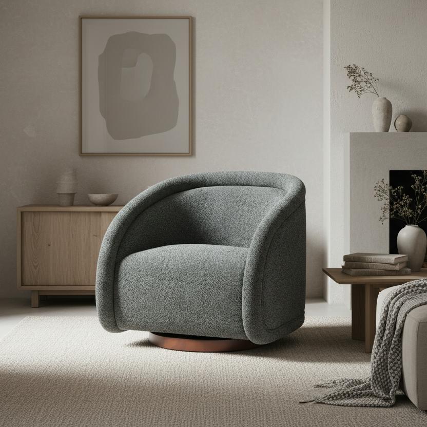 Sabbo Green Boucle Swivel Chair With Walnut-Finished Solid Wood Base