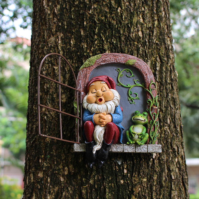 Sleeping Dwarf Door and Window Tree Pendant Resin Craft - Garden Decor