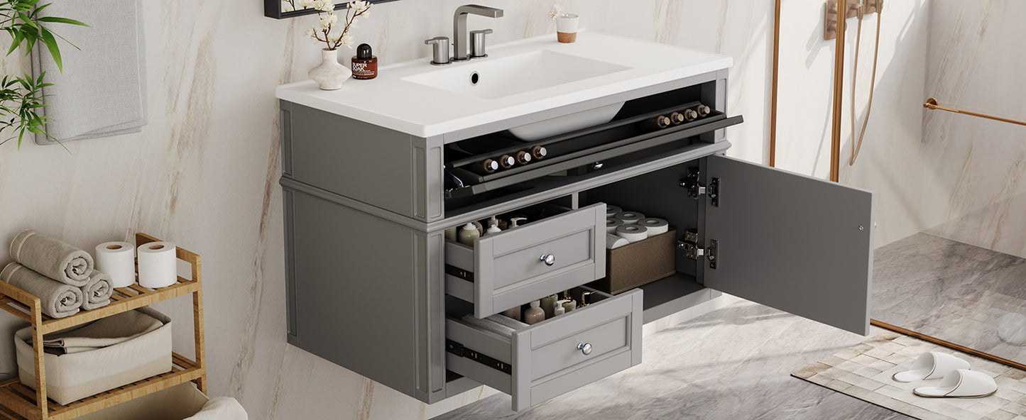 36-Inch Wall-Mounted Bathroom Vanity with Ceramic Sink & Drawers - Gray