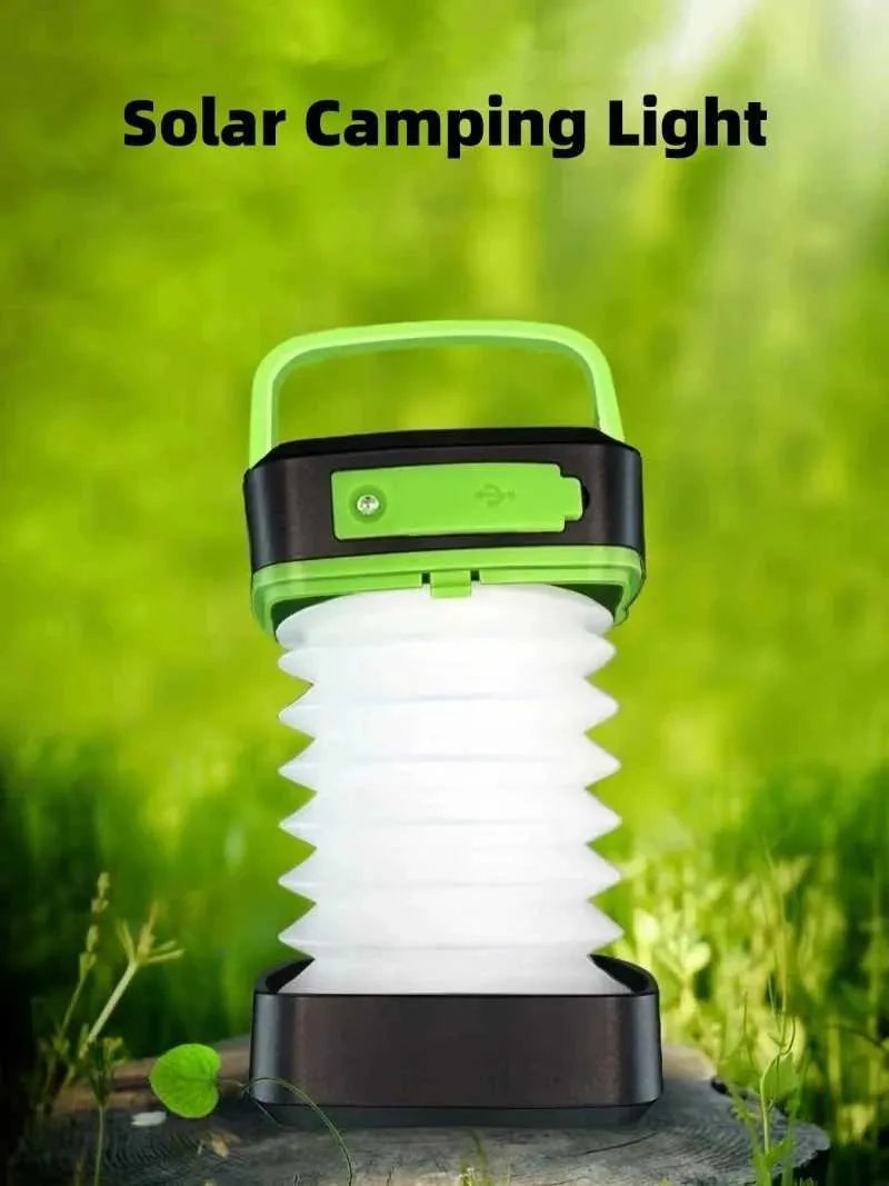 Rechargeable Solar Camping Lantern with Power Bank, Foldable Waterproof LED Light - Green