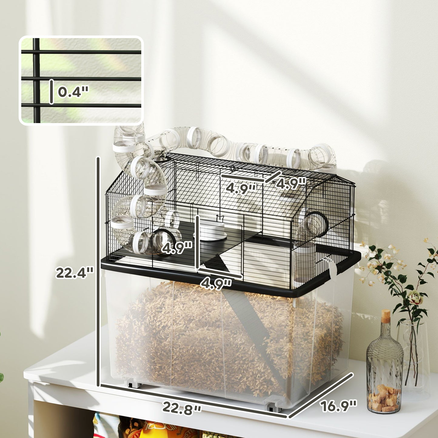 2-Tier Hamster Cage with Deep Tray, Tube System, Water Bottle & Ramp - Black
