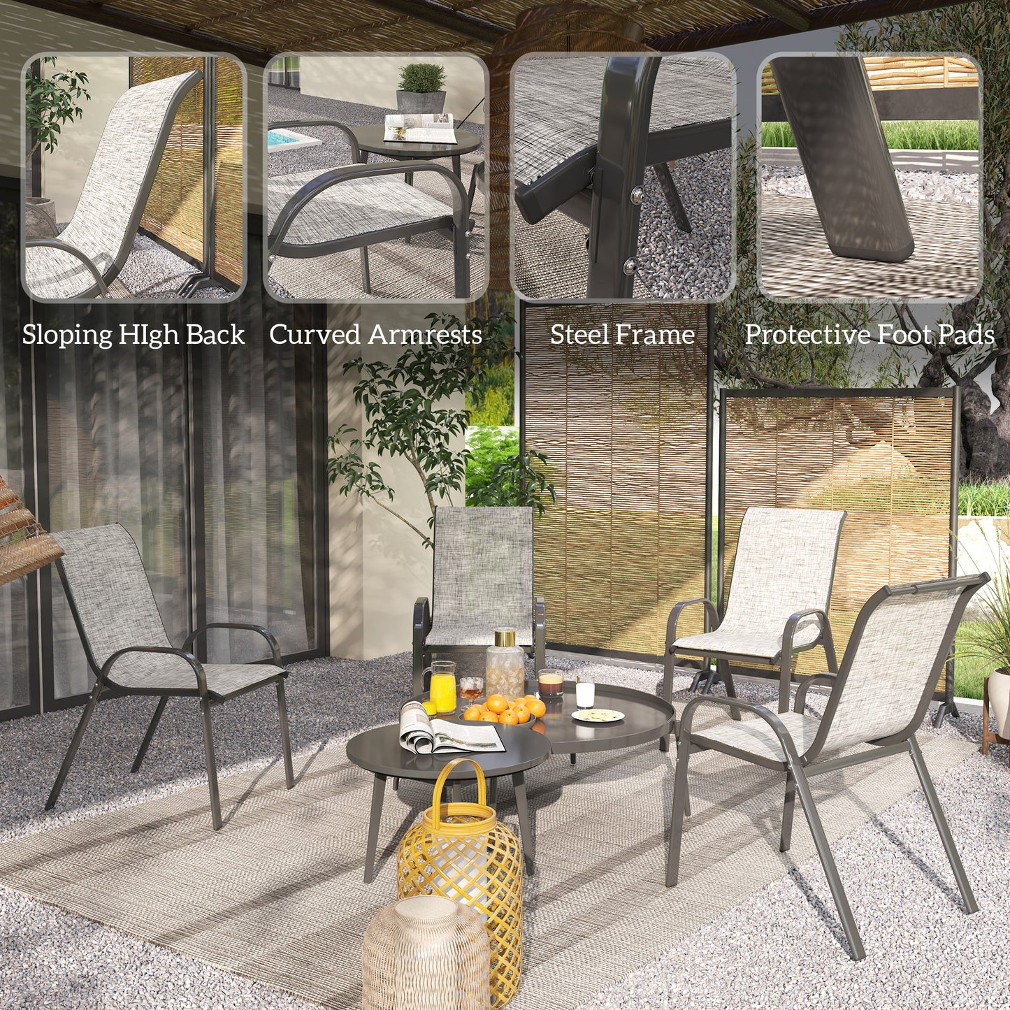 Set of 4 Stackable Outdoor Dining Chairs with Mesh Seat - Mixed Gray