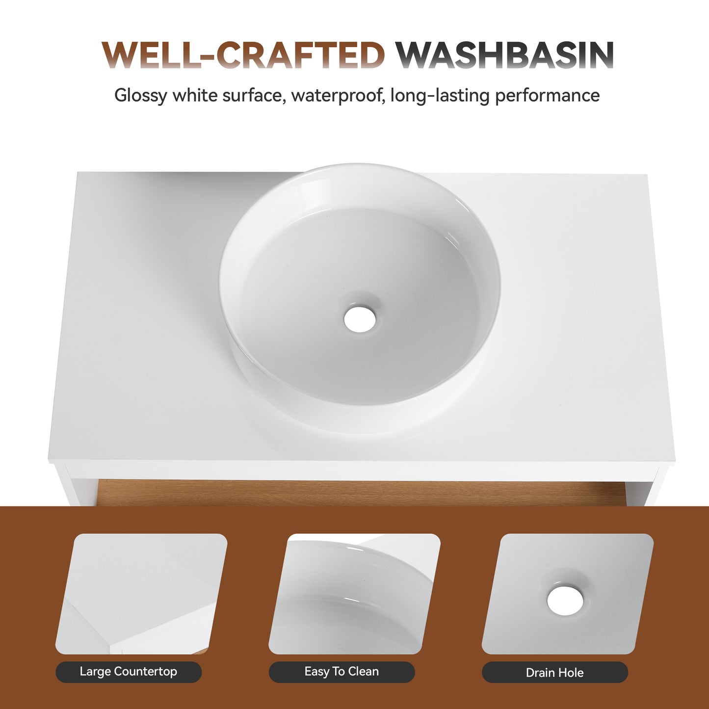 36" Floating Bathroom Vanity with White Round Vessel Sink