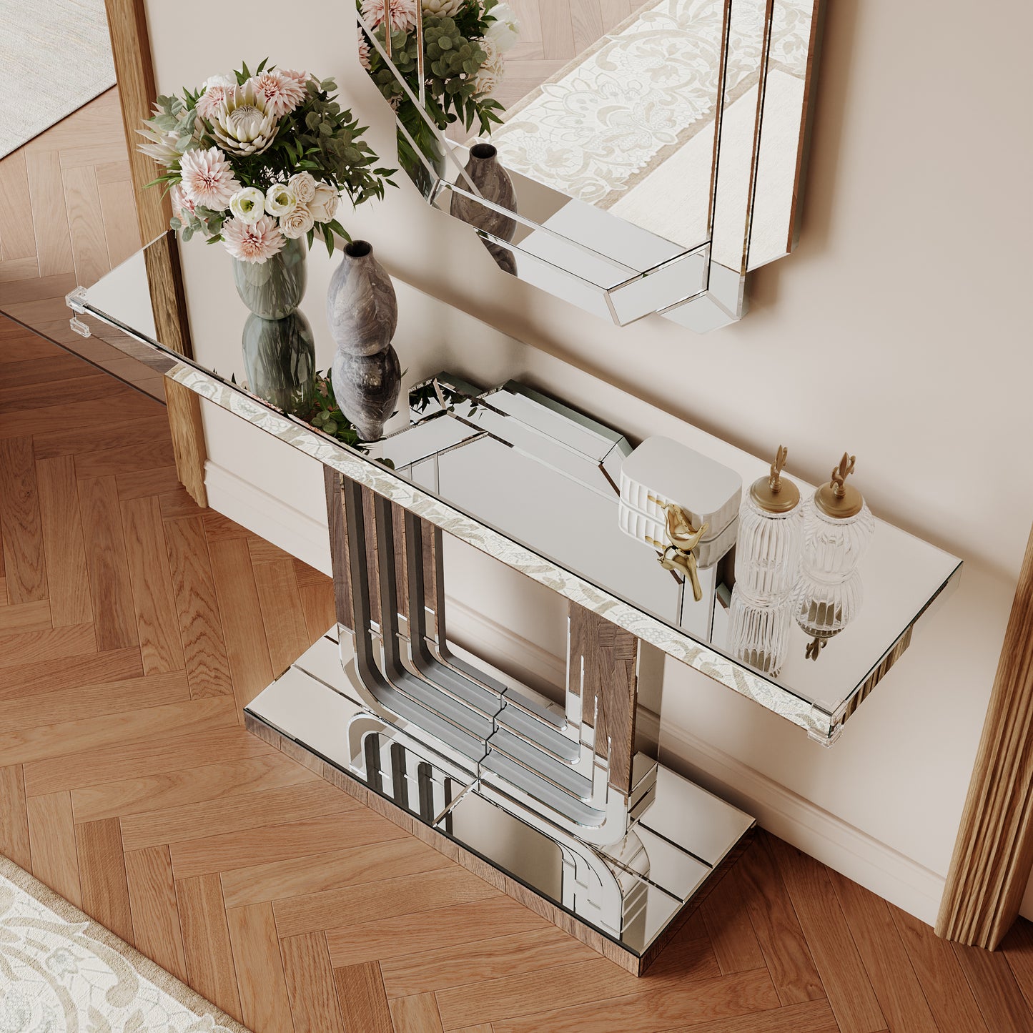 Silver Mirrored Console Table with U Base - 47 Inch