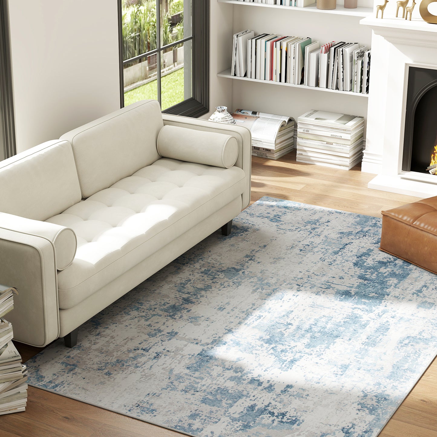 Machine Washable Area Rug 5x7 - Non-Slip Abstract Blue