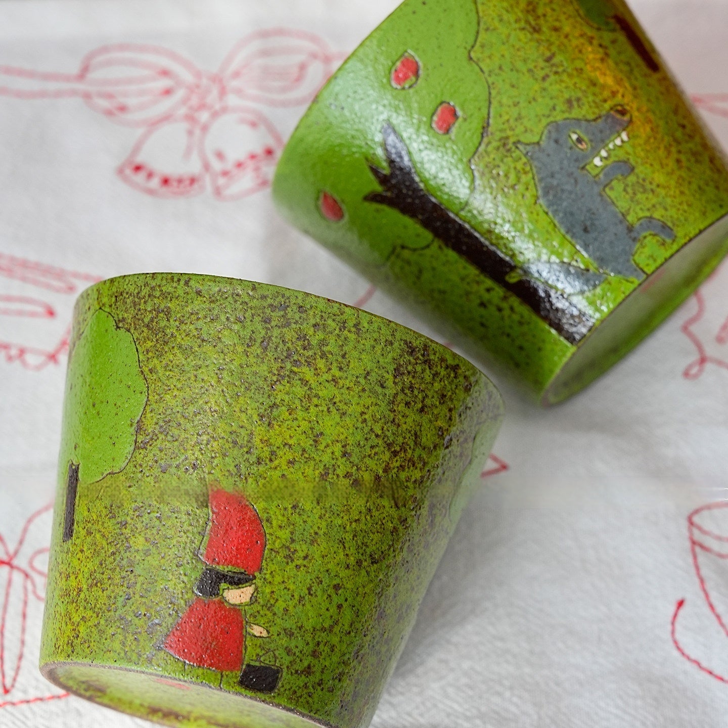 Forest Fairy Tale Style Red Riding Hood Pig Mug - Green Ceramic Drinkware
