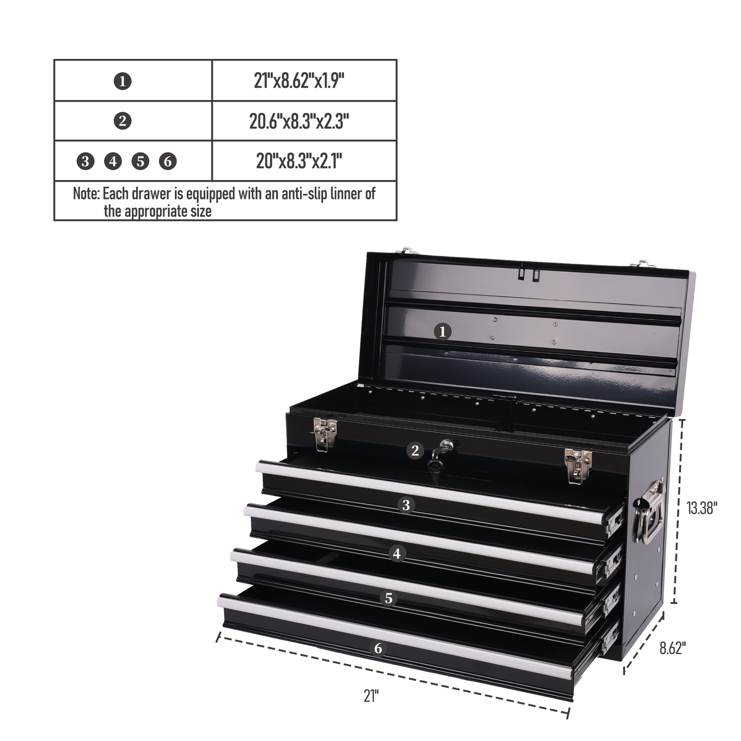 Heavy Duty Metal Tool Box with 4 Drawers - 21-Inch Portable Steel Organizer Black
