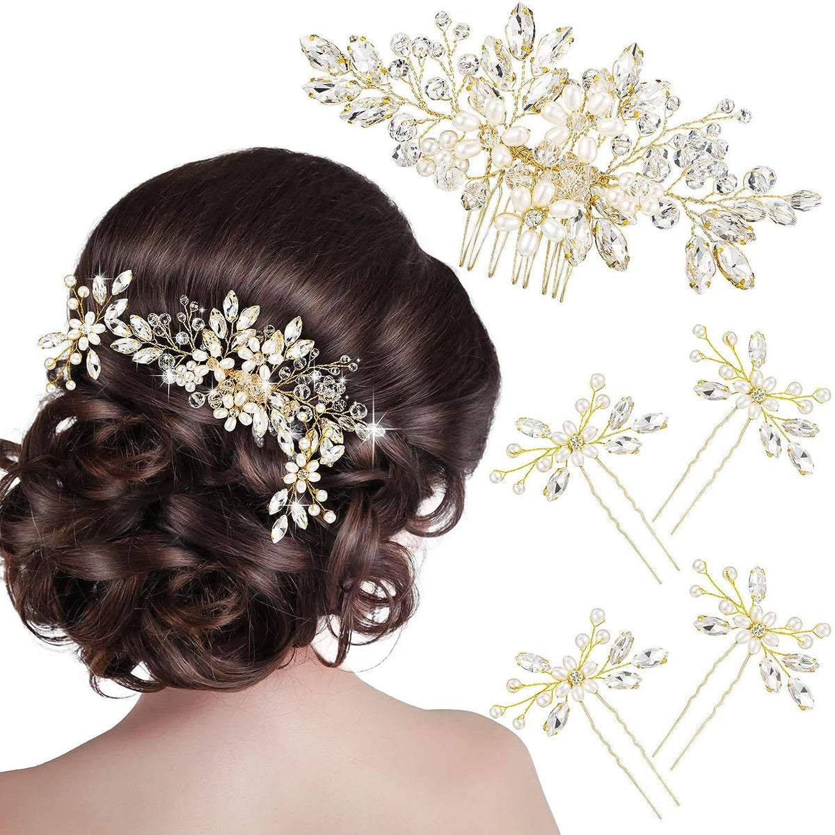 Bridal Pearl Crystal Hair Comb Set - 5pc