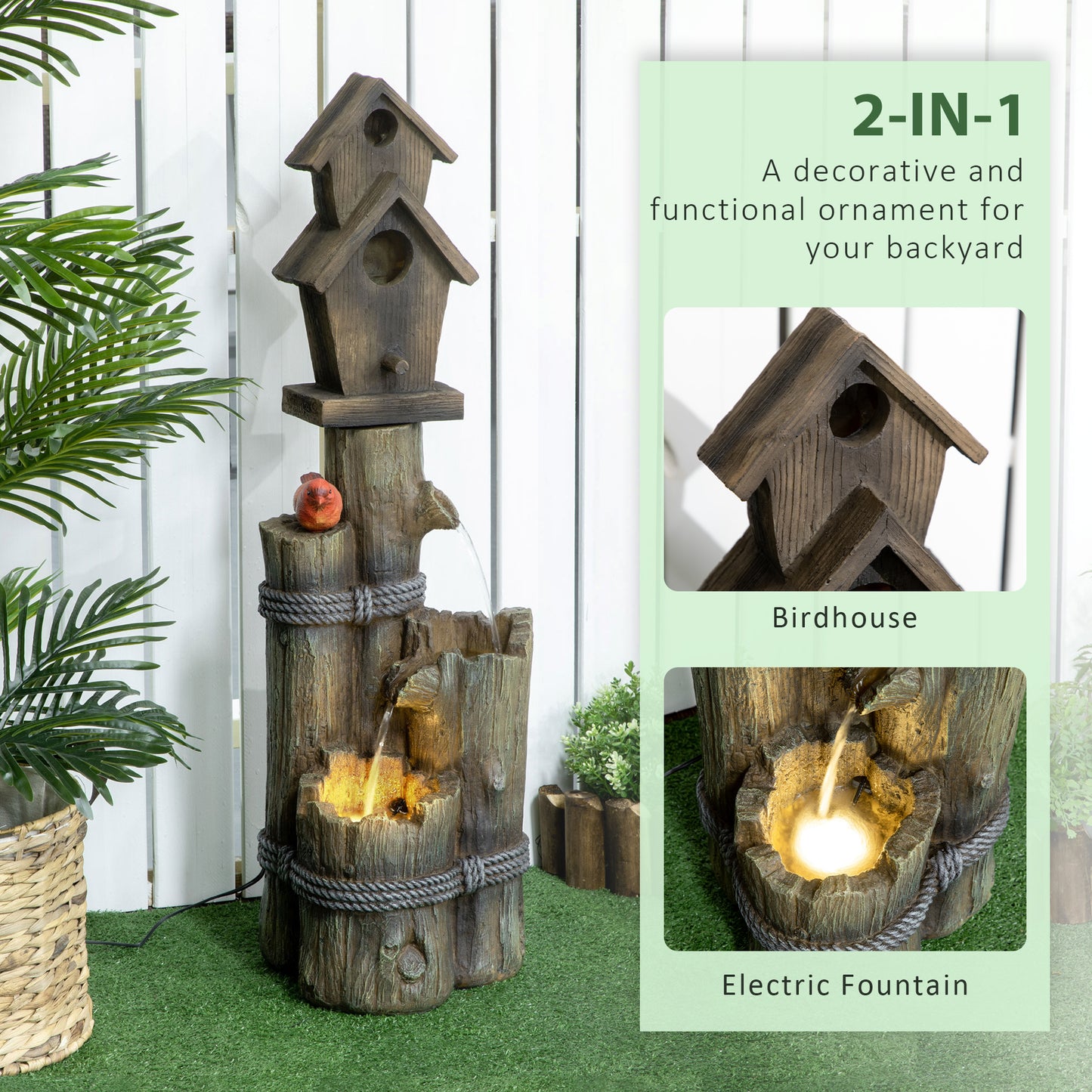 Outdoor Garden Fountain with Birdhouse and LED Lights - Rustic Tree Trunk Design