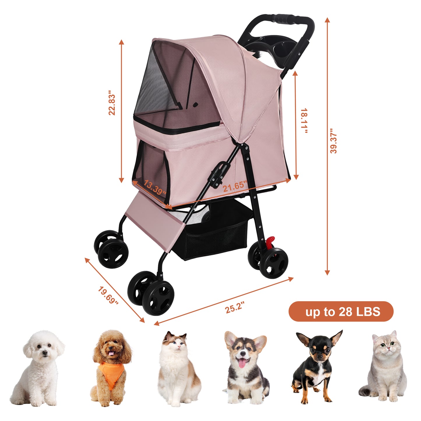 Foldable Pet Stroller for Small Dogs Cats Up to 28 lbs with Mesh & Storage - Pink