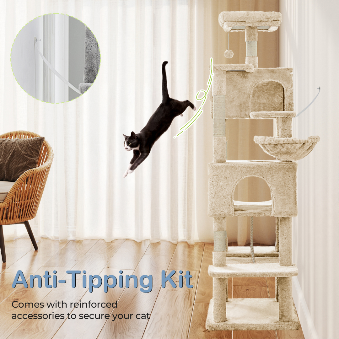 Large 66 Inch Multi-Level Cat Tree Tower with Condos & Hammock - Indoor Pet Furniture