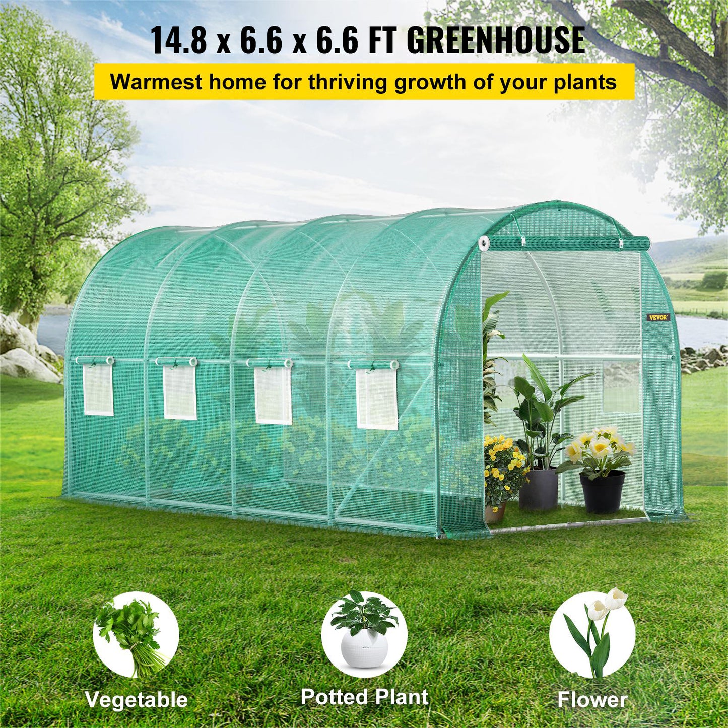 Walk-in Tunnel Greenhouse 15x7x7 ft Portable Garden Hot House with Steel Hoops