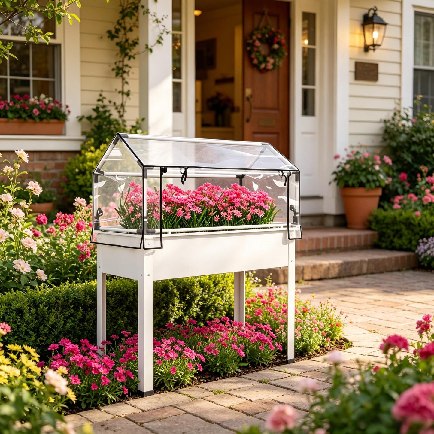 Elevated Garden Bed with Greenhouse - White Raised Planter Box