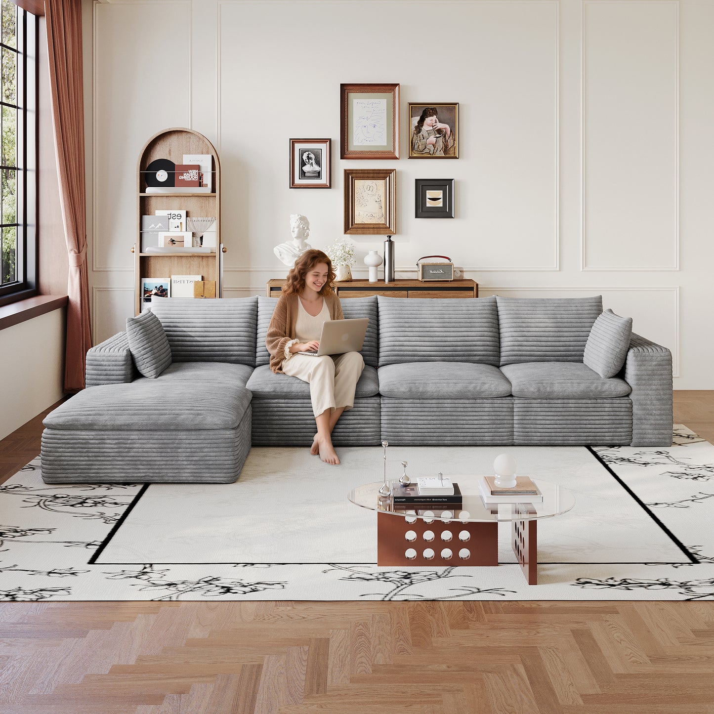 134" Cloud Sofa - Corduroy Fabric, Deep Seat, Removable Cushion, Grey
