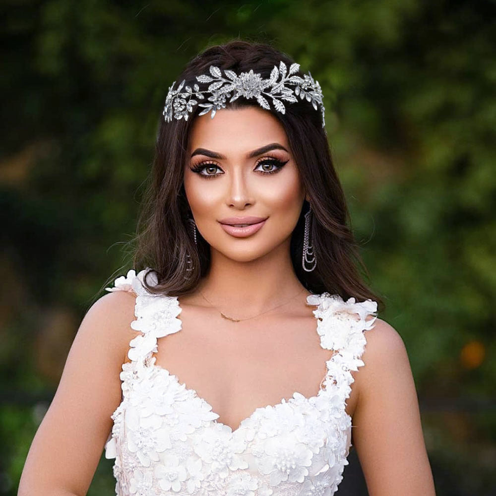 Rhinestone Leaf Headband - Silver