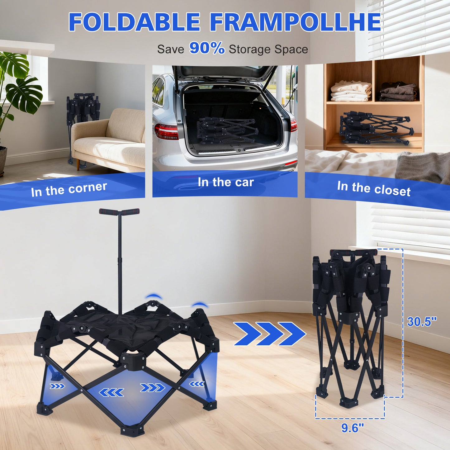 42" Foldable Mini Trampoline - Adjustable T-Bar, 330lbs Capacity, Black