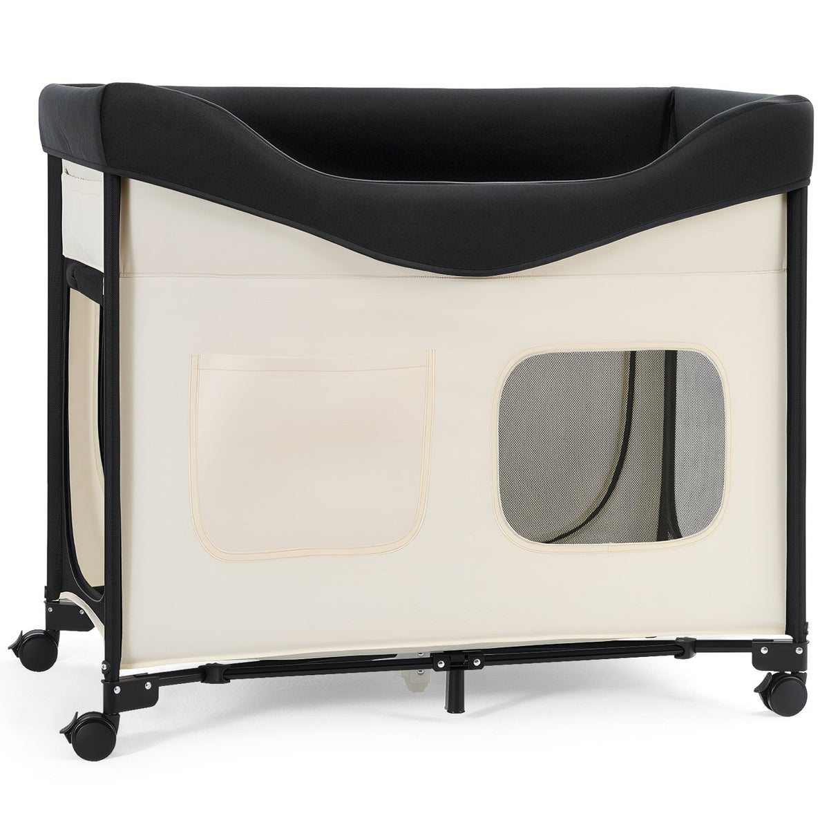Elevated Foldable Dog Bed with Wheels & Side Storage - Beige