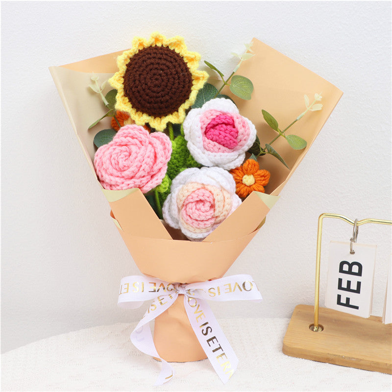 Crocheted Flower Bouquet with Sunflower and Pink Roses - Handmade Home Decor Gift