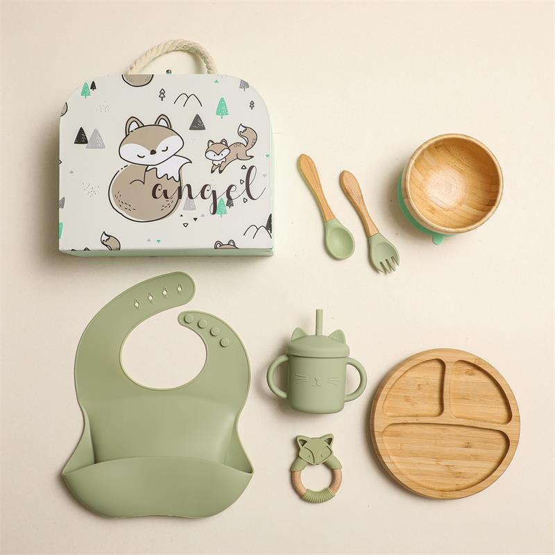 Baby Food Tableware Set Silicone Bib Plate Straw Cup Fork Spoon Kids Dining Kit