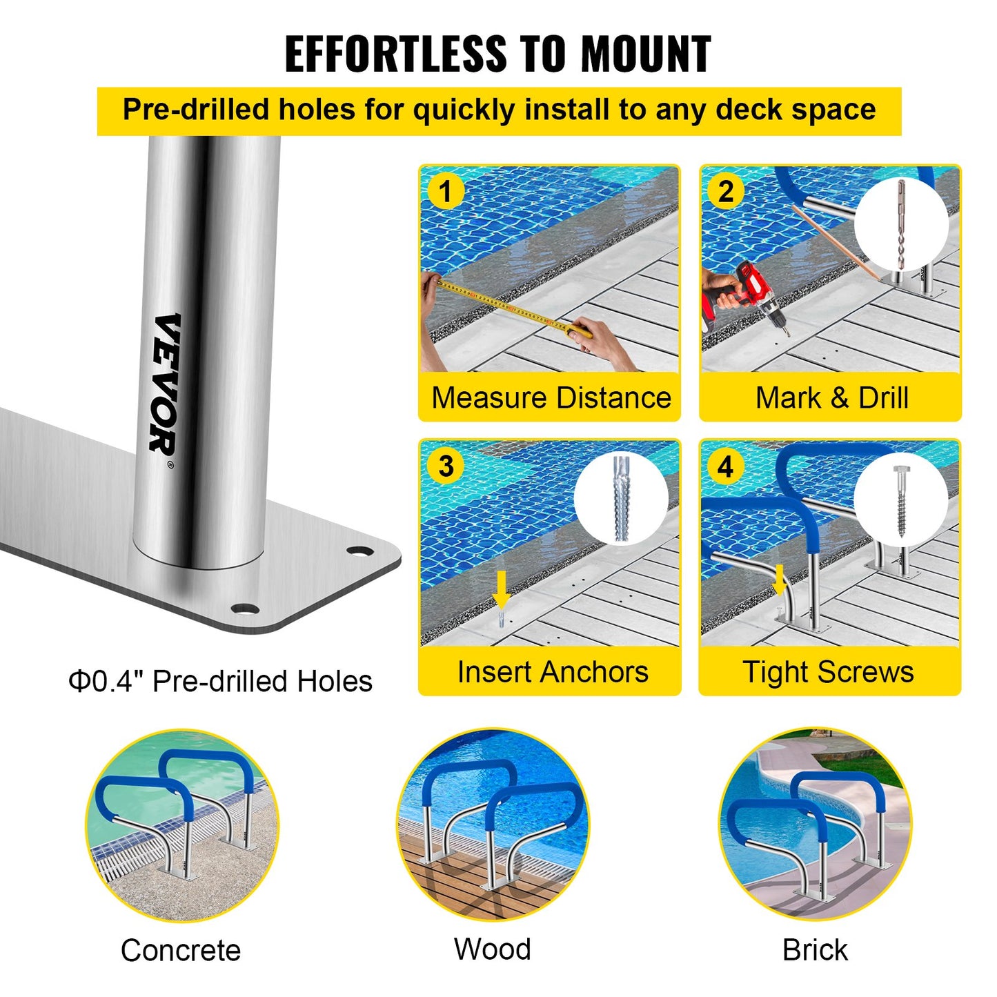 Swimming Pool Handrail 4ft Stainless Steel Stair Rail with Nylon Grip & Base Plate